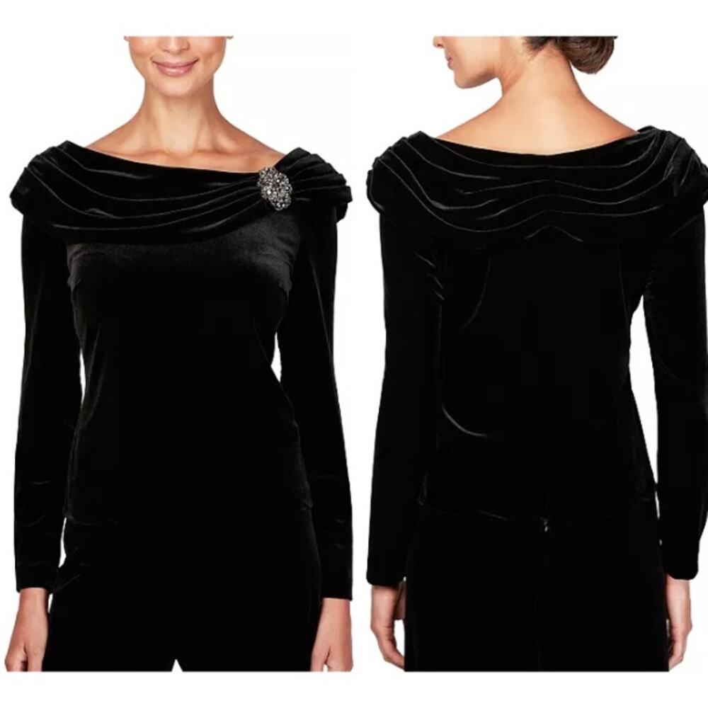 Alex Evenings Women's Black Velvet Ruched Collar Blouse with Rhinestone Brooch